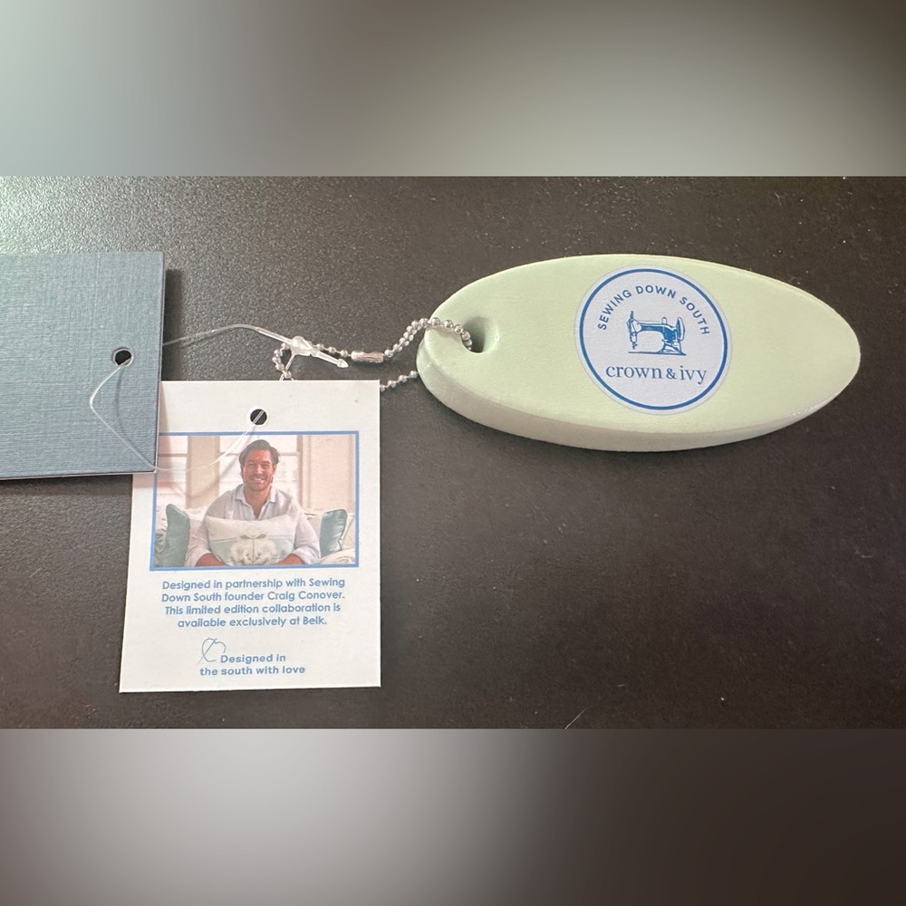 Sewing Down South for Crown & Ivy Light Floating Green Keychain with Blue Logo